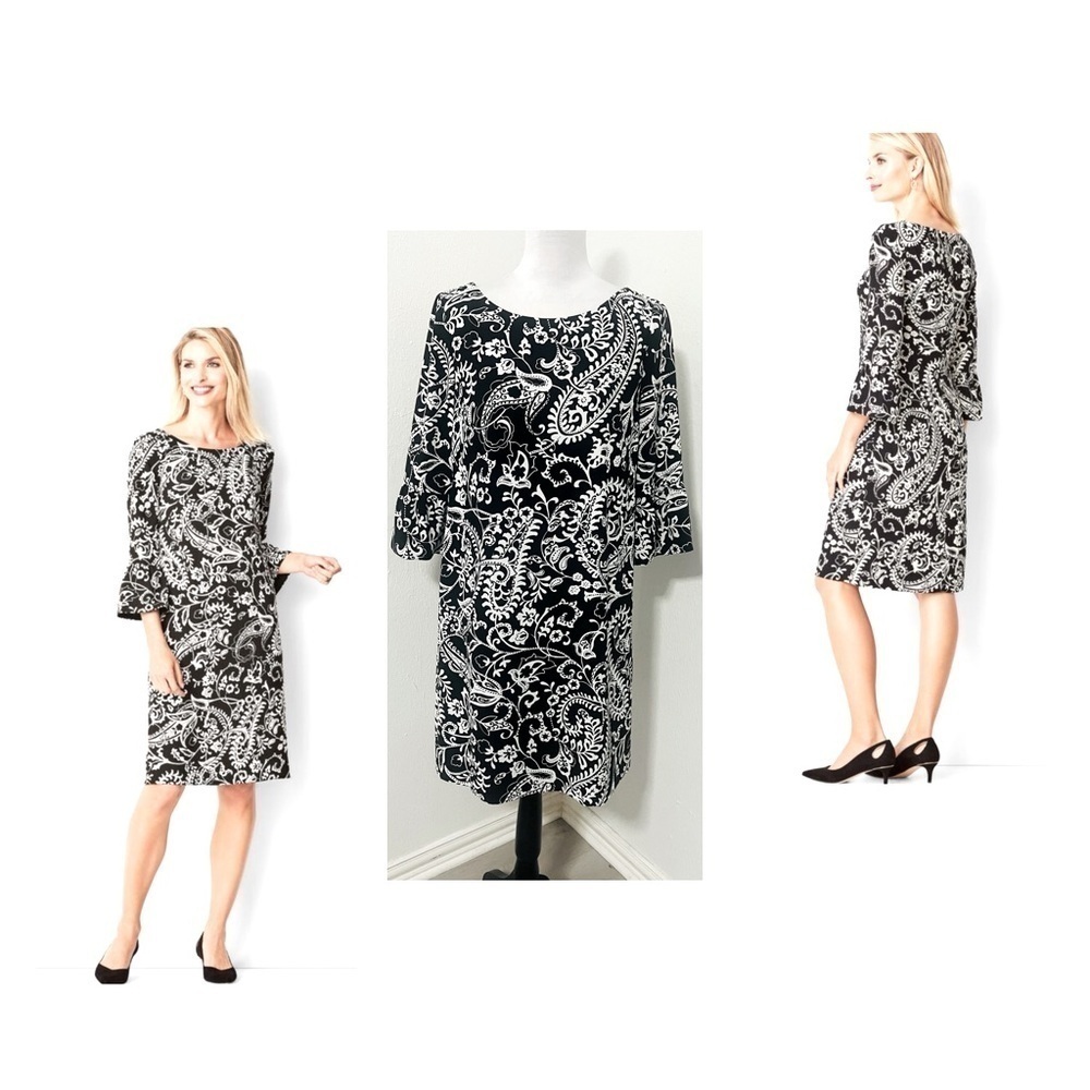 Talbots Women’s Size 8P Crepe Shift Lined Black & White Dress Paisley Print EUC